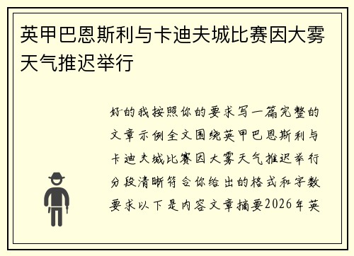 英甲巴恩斯利与卡迪夫城比赛因大雾天气推迟举行 英甲巴恩斯利与卡迪夫城比赛因大雾天气推迟举行