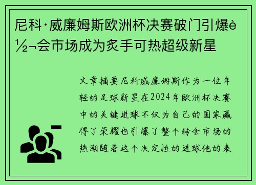 尼科·威廉姆斯欧洲杯决赛破门引爆转会市场成为炙手可热超级新星