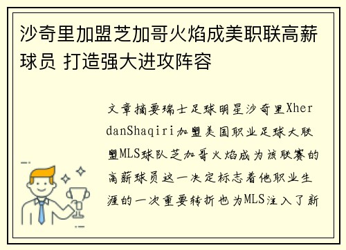 沙奇里加盟芝加哥火焰成美职联高薪球员 打造强大进攻阵容